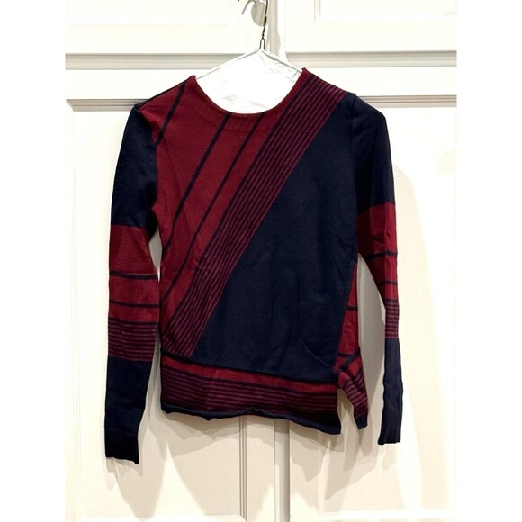 Tory Burch Agate Lion Navy Red Stripe Asymmetrical Wool Blend Sweater Small - Picture 1 of 4